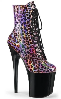 Pleaser FLAMINGO-1020LP Pink Holo Leopard Print/ Black Patent Ankle Boots