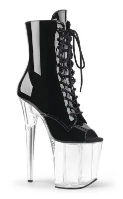 Pleaser Pole Shoes FLAMINGO-1021 Black Patent & Clear Ankle Boots