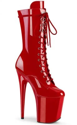 Pleaser FLAMINGO-1050 Red Patent Mid Calf Boots Pole Shoes