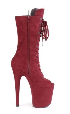 Pleaser FLAMINGO-1051FS Burgundy Faux Suede Mid Calf Open Toe Boots