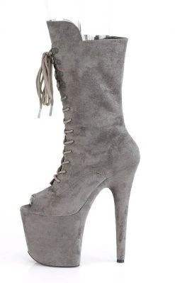 Pleaser FLAMINGO-1051FS Grey Faux Suede Mid Calf Open Toe Boots Pole Shoes