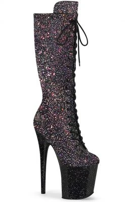 Pleaser Pole Shoes FLAMINGO-2020MG Black Multi Glitter Knee High Boots
