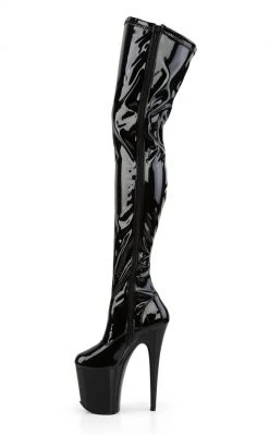 Pleaser Pole Shoes FLAMINGO-3000 Black Stretch Patent Thigh High Boots