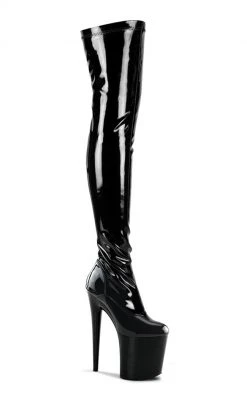 Pleaser Pole Shoes FLAMINGO-3000 Black Stretch Patent Thigh High Boots