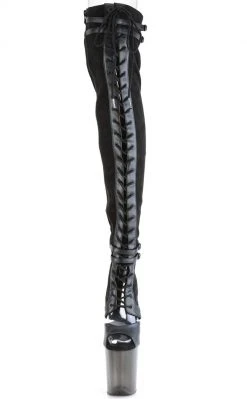 Pleaser Pole Shoes FLAMINGO-3027 Black Faux Suede/ Faux Leather Frosted Thigh High Boots