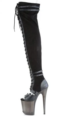 Pleaser Pole Shoes FLAMINGO-3027 Black Faux Suede/ Faux Leather Frosted Thigh High Boots