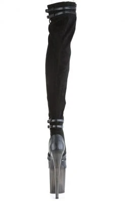 Pleaser Pole Shoes FLAMINGO-3027 Black Faux Suede/ Faux Leather Frosted Thigh High Boots