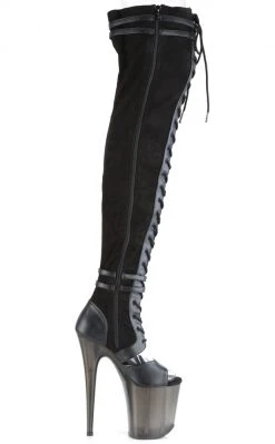 Pleaser Pole Shoes FLAMINGO-3027 Black Faux Suede/ Faux Leather Frosted Thigh High Boots