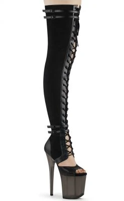 Pleaser Pole Shoes FLAMINGO-3027 Black Faux Suede/ Faux Leather Frosted Thigh High Boots
