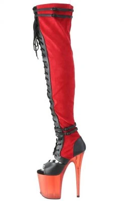 Pleaser FLAMINGO-3027 Red Faux Suede/ Faux Leather Frosted Thigh High Boots Pole Shoes