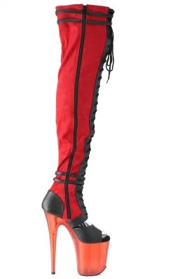Pleaser FLAMINGO-3027 Red Faux Suede/ Faux Leather Frosted Thigh High Boots Pole Shoes