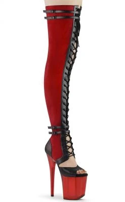 Pleaser FLAMINGO-3027 Red Faux Suede/ Faux Leather Frosted Thigh High Boots Pole Shoes