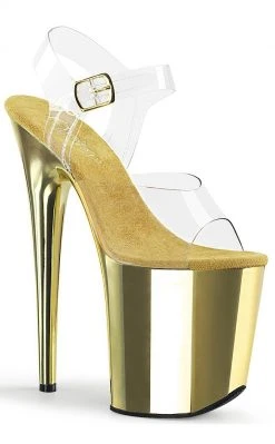 Pleaser FLAMINGO-808 Clear & Gold Chrome Heels Pole Shoes