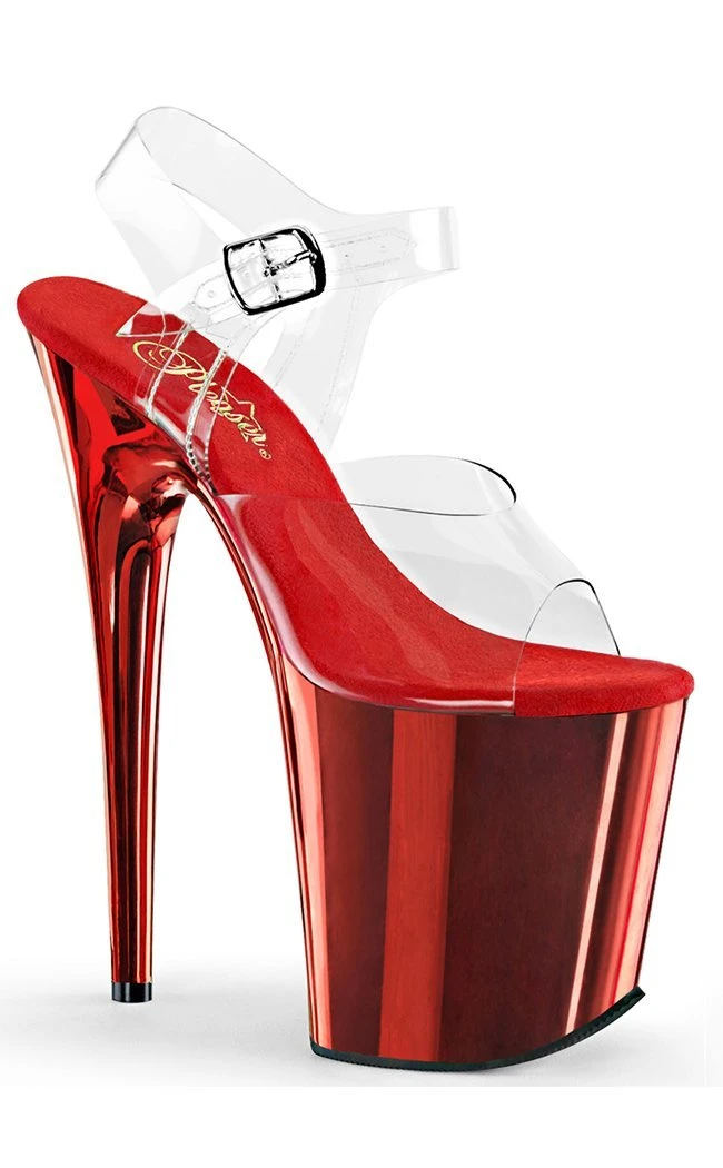 Pleaser Pole Shoes FLAMINGO-808 Clear & Red Chrome Heels 3 Pleaser Pole Shoes FLAMINGO-808 Clear & Red Chrome Heels