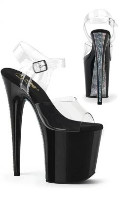 Pleaser FLAMINGO-808CRS-2 Clear/Black & Silver Rhinestone Heels Pole Shoes