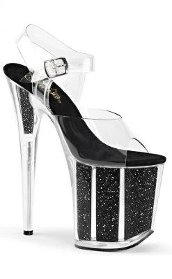 Pleaser Pole Shoes FLAMINGO-808G Clear & Black Glitter Heels