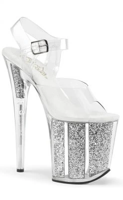 Pleaser FLAMINGO-808G Clear & Silver Glitter Heels Pole Shoes