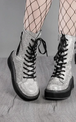 Demonia Shoes EMILY-362 Silver Rhinestone Combat Boots (Au Stock)
