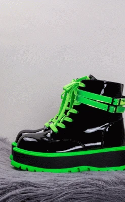 Demonia SLACKER-52 Black Patent & UV Green Platform Ankle Boots