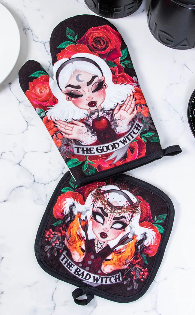 Rose Demon New Arrivals Good Witch Bad Witch Oven Mitt Set 3 Rose Demon New Arrivals Good Witch Bad Witch Oven Mitt Set
