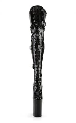Pleaser INFINITY-3028 Blk Stretch Pat/Blk Thigh High Boots Pole Shoes