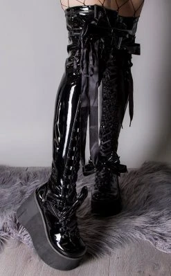 Demonia KERA-303 Black Patent Thigh High Platform Boots Shoes
