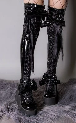 Demonia KERA-303 Black Patent Thigh High Platform Boots Shoes