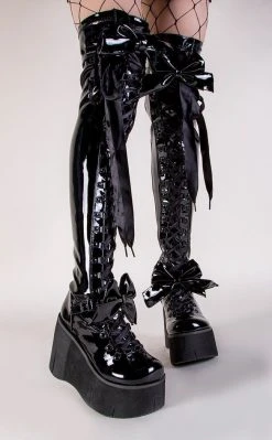 Demonia KERA-303 Black Patent Thigh High Platform Boots Shoes