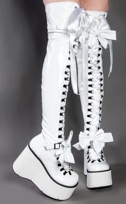 Demonia Shoes KERA-303 White Patent Thigh High Platform Boots