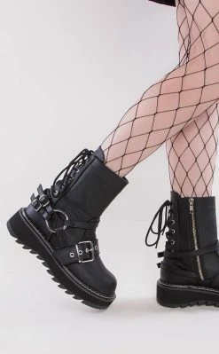 Demonia LILITH-210 Black O-Ring Vegan Leather Ankle Boots