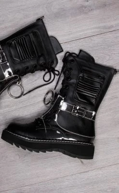 Demonia LILITH-271 Black & Clear Vegan Leather Lace Up Boots