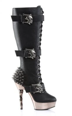 Demonia MUERTO-2028 Black & Pewter Skull Knee High Boots