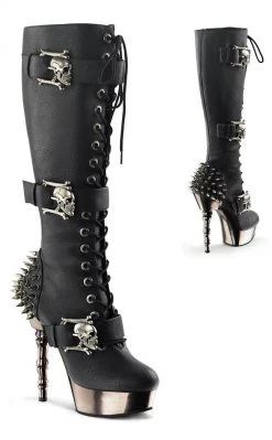 Demonia MUERTO-2028 Black & Pewter Skull Knee High Boots