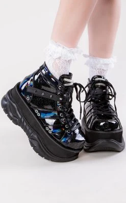 Demonia NEPTUNE-100 Black Holographic Platform Sneaker Ankle Boots