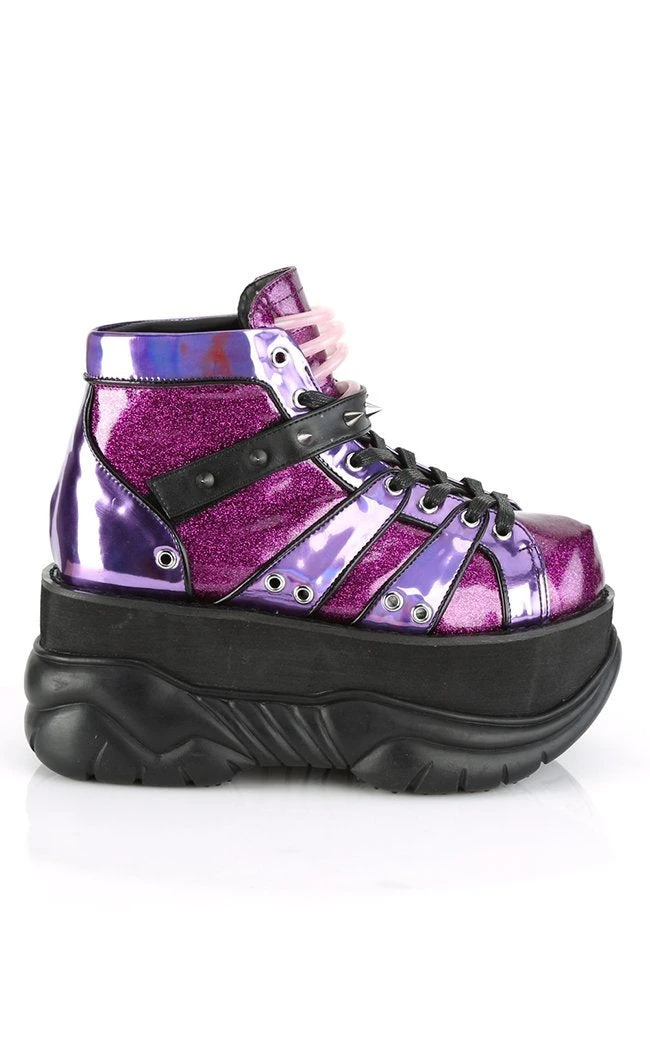 Demonia NEPTUNE-100 Purple Holographic Platform Sneaker Ankle Boots 7 Demonia NEPTUNE-100 Purple Holographic Platform Sneaker Ankle Boots
