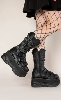 Demonia NEPTUNE-210 Black Buckled Vegan Leather Platform Boots