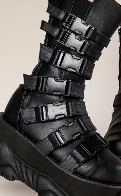 Demonia NEPTUNE-210 Black Buckled Vegan Leather Platform Boots