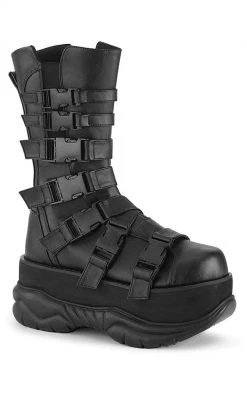 Demonia NEPTUNE-210 Black Buckled Vegan Leather Platform Boots