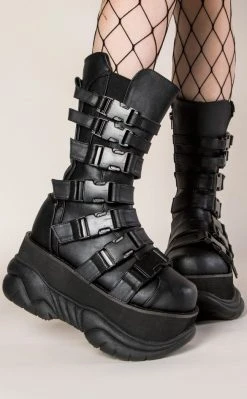 Demonia NEPTUNE-210 Black Buckled Vegan Leather Platform Boots