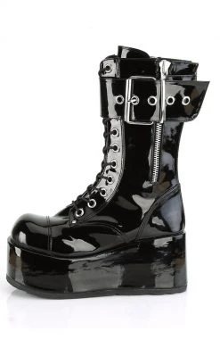 Demonia PETROL-150 Black Vegan Patent Combat Boots Shoes