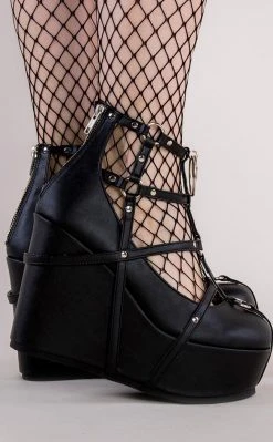 Demonia Shoes POISON-25-1 Black Vegan Leather Platform Wedges