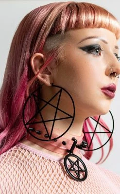 Killstar Accessories Pentagram Hoop Earrings | Black