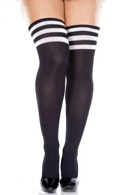 Music Legs Playing Games Athletic Striped Thigh Socks - Black