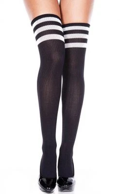 Music Legs Playing Games Athletic Striped Thigh Socks - Black