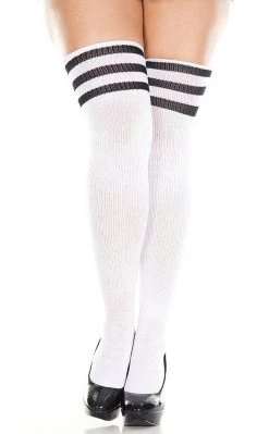 Music Legs Playing Games Athletic Striped Thigh Socks - White