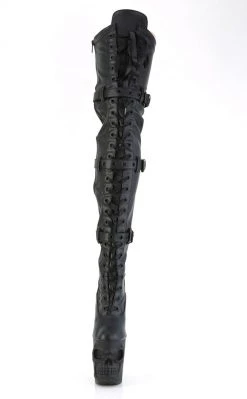 Pleaser RAPTURE-3028 Black Matte Thigh-High Skull Boots Pole Shoes