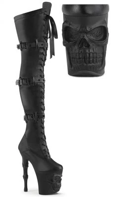Pleaser RAPTURE-3028 Black Matte Thigh-High Skull Boots Pole Shoes