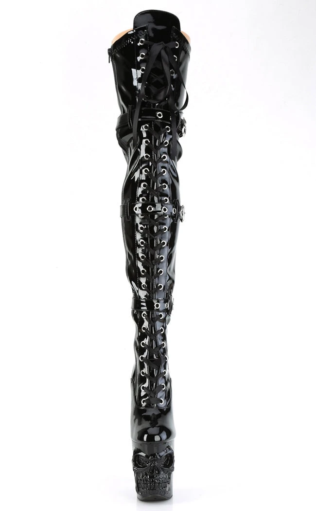 Pleaser Pole Shoes RAPTURE-3028 Black Patent Thigh-High Skull Boots 4 Pleaser Pole Shoes RAPTURE-3028 Black Patent Thigh-High Skull Boots