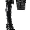 Pleaser Pole Shoes RAPTURE-3028 Black Patent Thigh-High Skull Boots