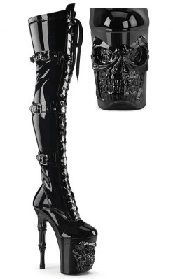 Pleaser Pole Shoes RAPTURE-3028 Black Patent Thigh-High Skull Boots
